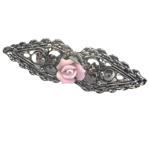 Vintage 60s-70s Pink Rose Bar Brooch Pin Oxidized - Picture 2 of 3